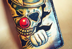 Handmade leather tooled carved wallet long wallet clown skull men biker long wallet