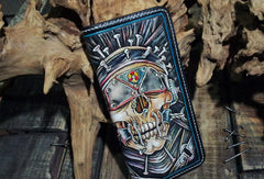 Handmade leather Biker trucker long Megadeth skull wallet leather men Black Carved Tooled wallet