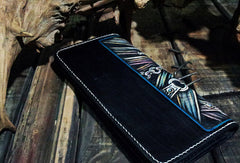 Handmade leather Biker trucker long Megadeth skull wallet leather men Black Carved Tooled wallet - EverHandmade