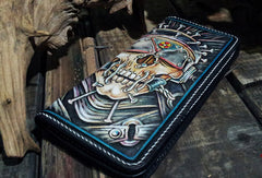 Handmade leather Biker trucker long Megadeth skull wallet leather men Black Carved Tooled wallet - EverHandmade
