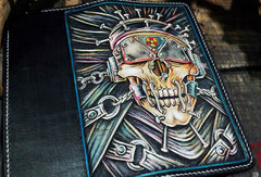 Handmade leather Biker trucker long Megadeth skull wallet leather men Black Carved Tooled wallet - EverHandmade