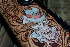 Handmade leather Biker trucker chain long floral skull wallet leather men Black Carved Tooled wallet