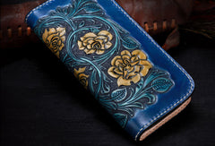 Handmade women leather Blue flowers wallet leather zip clutch Tooled wallet