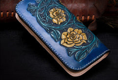 Handmade women leather Blue flowers wallet leather zip clutch Tooled wallet
