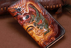 Handmade leather Brown Long Buddha devil wallet leather men clutch Tooled wallet
