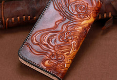 Handmade leather Brown Long Buddha devil wallet leather men clutch Tooled wallet