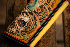 Handmade leather long tooled wallet yellow skull peacock men clutch wallet - EverHandmade