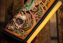 Handmade leather long tooled wallet yellow skull peacock men clutch wallet