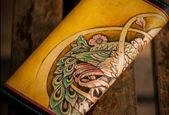 Handmade leather long tooled wallet yellow skull peacock men clutch wallet - EverHandmade