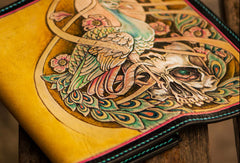 Handmade leather long tooled wallet yellow skull peacock men clutch wallet