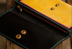Handmade leather long tooled wallet yellow skull peacock men clutch wallet - EverHandmade
