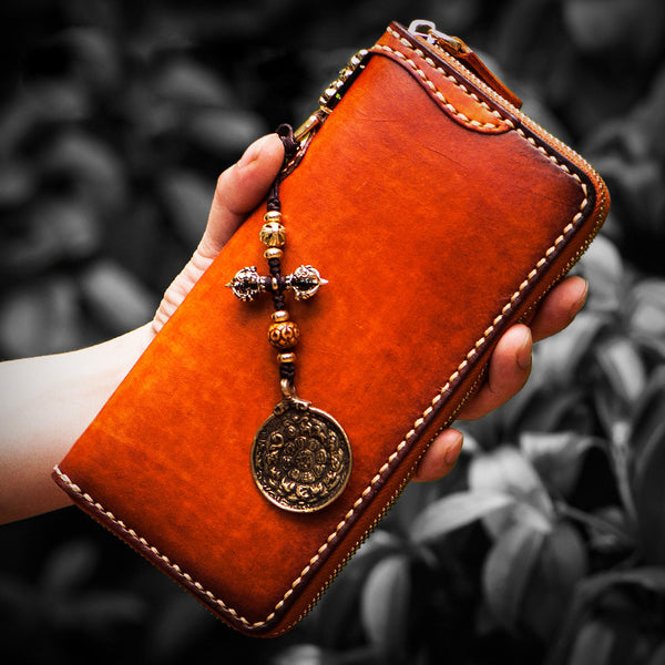 Handmade leather zip biker long trucker clutch wallet black leather chain men wallet - EverHandmade