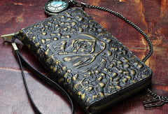 Handmade zip long wallet leather men skull death clutch phone wallet for men