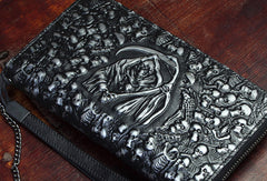 Handmade zip long wallet leather men skull death clutch phone wallet for men