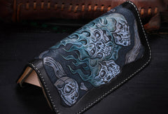 Handmade leather Long black skull wallet leather zipper Men clutch Tooled wallet