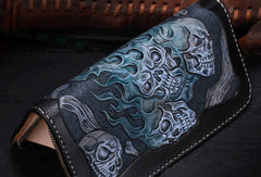 Handmade leather Long black skull wallet leather zipper Men clutch Tooled wallet