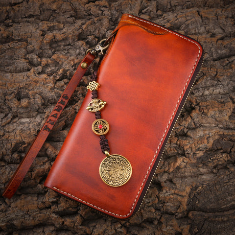 Handmade long wallet leather zip men brown vintage biker trucker wallet for men - EverHandmade