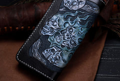 Handmade leather skull long biker trucker  wallet leather chain men Black Tooled wallet