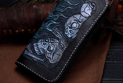 Handmade leather skull long biker trucker  wallet leather chain men Black Tooled wallet