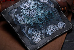 Handmade leather skull long biker trucker  wallet leather chain men Black Tooled wallet