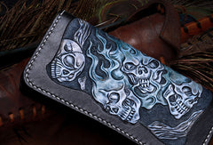 Handmade leather skull long biker trucker  wallet leather chain men Black Tooled wallet