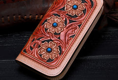 Handmade leather beige floral wallet leather zip women clutch Tooled Long wallet men