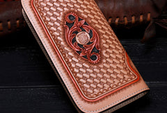 Handmade leather beige floral wallet leather zip women clutch Tooled Long wallet men