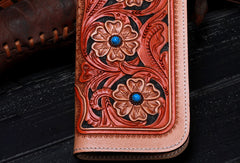Handmade leather beige floral wallet leather zip women clutch Tooled Long wallet men