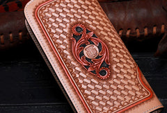 Handmade leather beige floral wallet leather zip women clutch Tooled Long wallet men