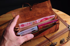 Handmade men vintage rustic simple envelope Stitched leather long wallet Clutch for men