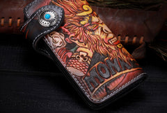 Handmade Long leather biker trucker Monkey King wallet leather chain men Brown Tooled wallet - EverHandmade