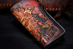 Handmade Long leather biker trucker Monkey King wallet leather chain men Brown Tooled wallet