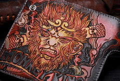 Handmade Long leather biker trucker Monkey King wallet leather chain men Brown Tooled wallet - EverHandmade