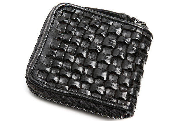 Handmade billfold leather wallet men zip braided leather billfold wallet for men him
