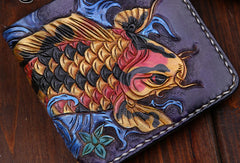 Handmade mens leather Tooled Small wallets carp lotus billfold wallet for men