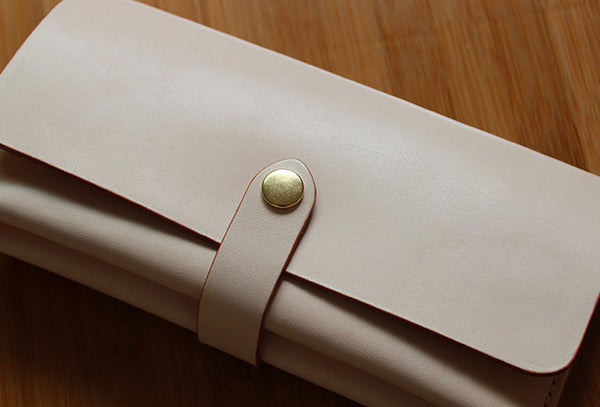 Handmade custom vintage purse leather wallet long phone wallet beige women KX02591003
