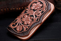 Handmade leather Beige Black floral wallet leather women men Long Wallet clutch Tooled wallet