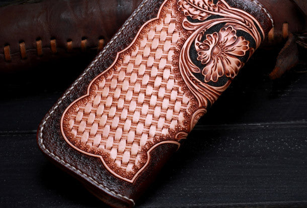  Men's 3D Genuine Leather Wallet, Long wallet, Biker wallet, Hand -Carved, Hand-Painted, Leather Carving, Custom wallet, Personalized wallet,  Sheridan Wallet, Flowers : Handmade Products