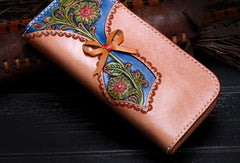 Handmade leather blue beige flowers wallet leather zip women clutch Tooled wallet - EverHandmade