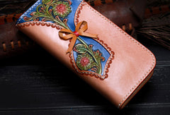 Handmade leather blue beige flowers wallet leather zip women clutch Tooled wallet