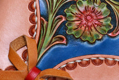 Handmade leather blue beige flowers wallet leather zip women clutch Tooled wallet - EverHandmade