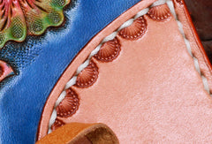 Handmade leather blue beige flowers wallet leather zip women clutch Tooled wallet - EverHandmade