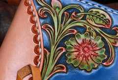 Handmade leather blue beige flowers wallet leather zip women clutch Tooled wallet - EverHandmade