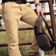 Leather Vintage Brown Mens Sling Bag Shoulder Sling Bag Chest Bag for men
