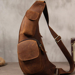 Leather Vintage Brown Mens Sling Bag Shoulder Sling Bag Chest Bag for men