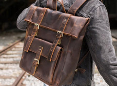 Cool Leather Coffee Rolltop Mens Backpacks Travel Backpack Vintage Backpack for Men