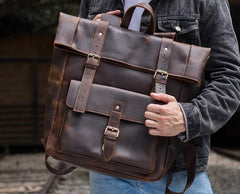 Cool Leather Coffee Rolltop Mens Backpacks Travel Backpack Vintage Backpack for Men