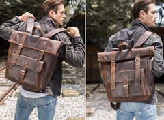 Cool Leather Coffee Rolltop Mens Backpacks Travel Backpack Vintage Backpack for Men