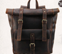 Cool Leather Coffee Rolltop Mens Backpacks Travel Backpack Vintage Backpack for Men