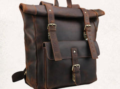 Cool Leather Coffee Rolltop Mens Backpacks Travel Backpack Vintage Backpack for Men